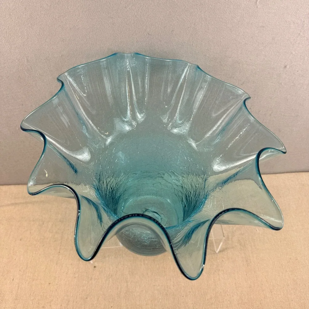 VTG Bischoff‎ Peacock Blue Glass Crackle Vase Ruffled Rim 11